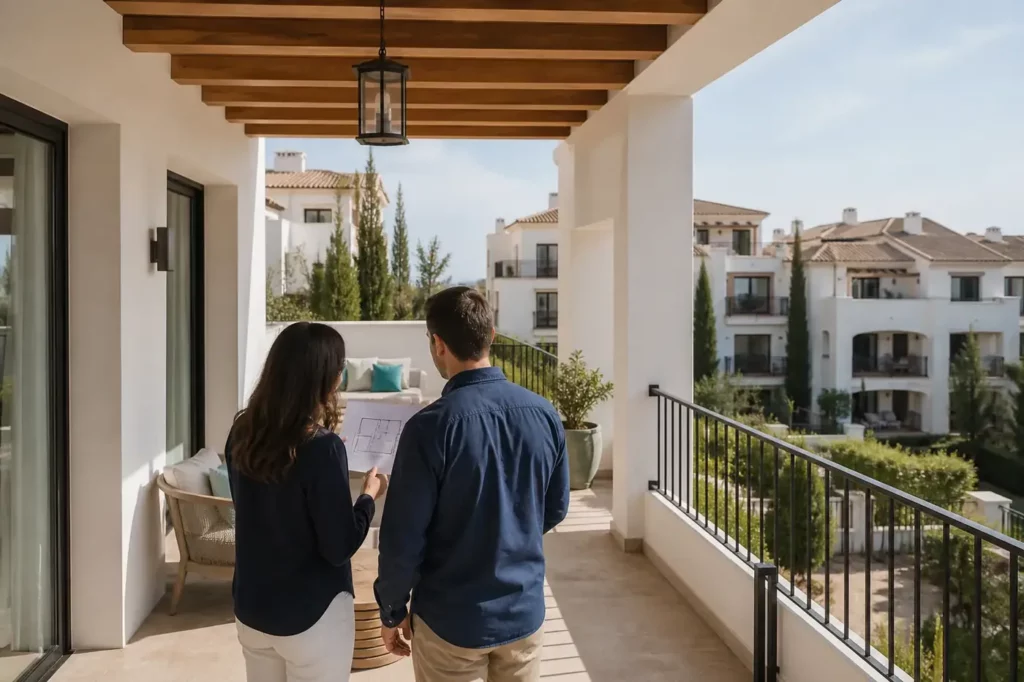 Compradores revisando una vivienda y su espacio exterior durante una visita