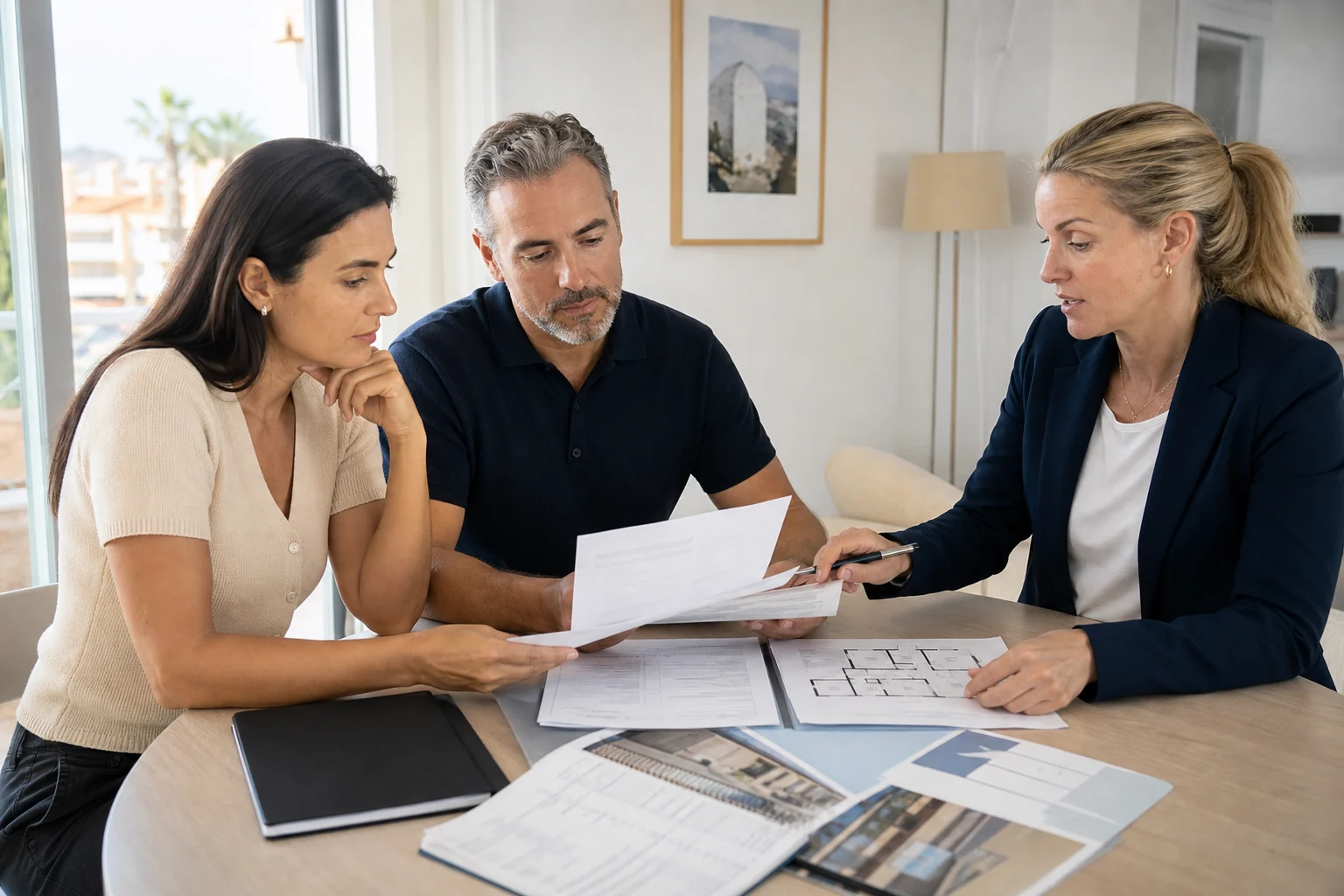 Property buyer reviewing community and property documents after a viewing in Aguas Nuevas